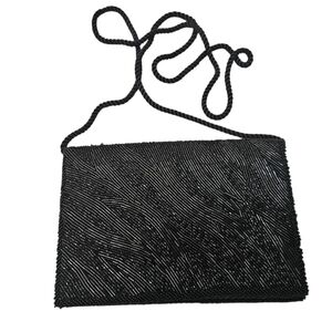 Vintage Black Beaded Evening Shoulder Bag Flap Snap Closure From Macau